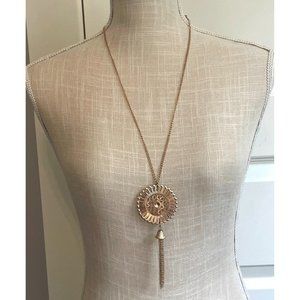 Gold Tone Open Disk Medallion Pendant with Tassel 28" Chain Necklace